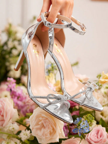 Pointed Toe High Heel Sandals With Rhinestone & Bowknot Decoration, Sexy For Dating And Party