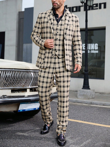 Men Leisure Knitted Checkered Printed Suit Jacket+Vest+Trousers Suit