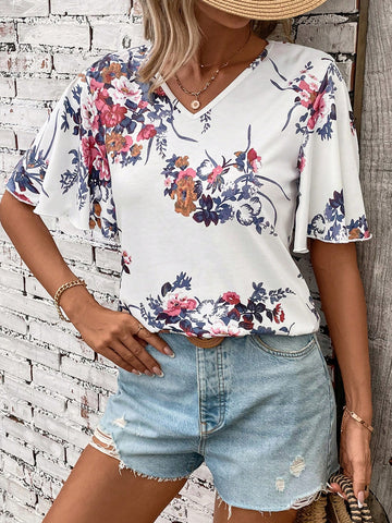 Floral Print V-Neck Ruffle Sleeve Summer Casual Holiday T-Shirt