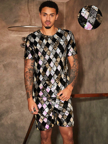 Men's Rhombus Sequined T-Shirt And Shorts Set