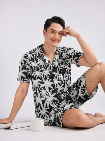 Men Coconut Tree Print Short Sleeve Shirt And Shorts Summer Casual Homewear Set