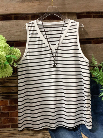 Plus Size Women Summer Striped V-Neck Loose Casual Tank Top