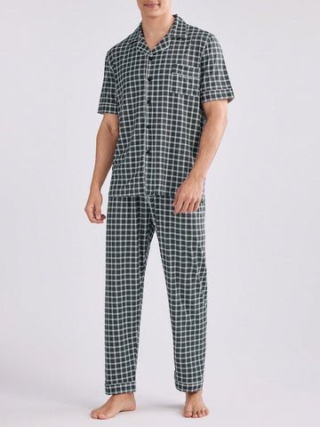 Men Plaid Short Sleeve Shirt And Long Pants Set For Spring/Summer Casual Home Wear