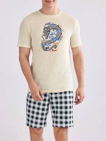Men Summer Dragon Printed Short Sleeve Top With Plaid Shorts Homewear Set