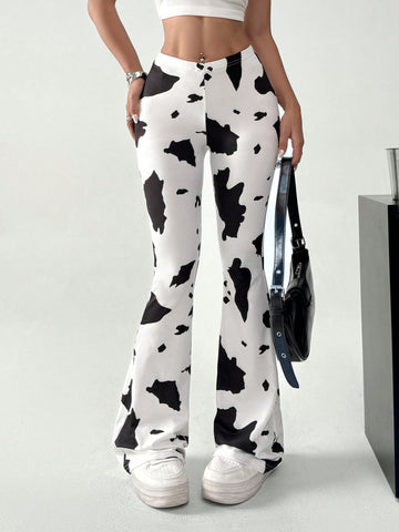 Cow Print Elastic Waist Flare Pants