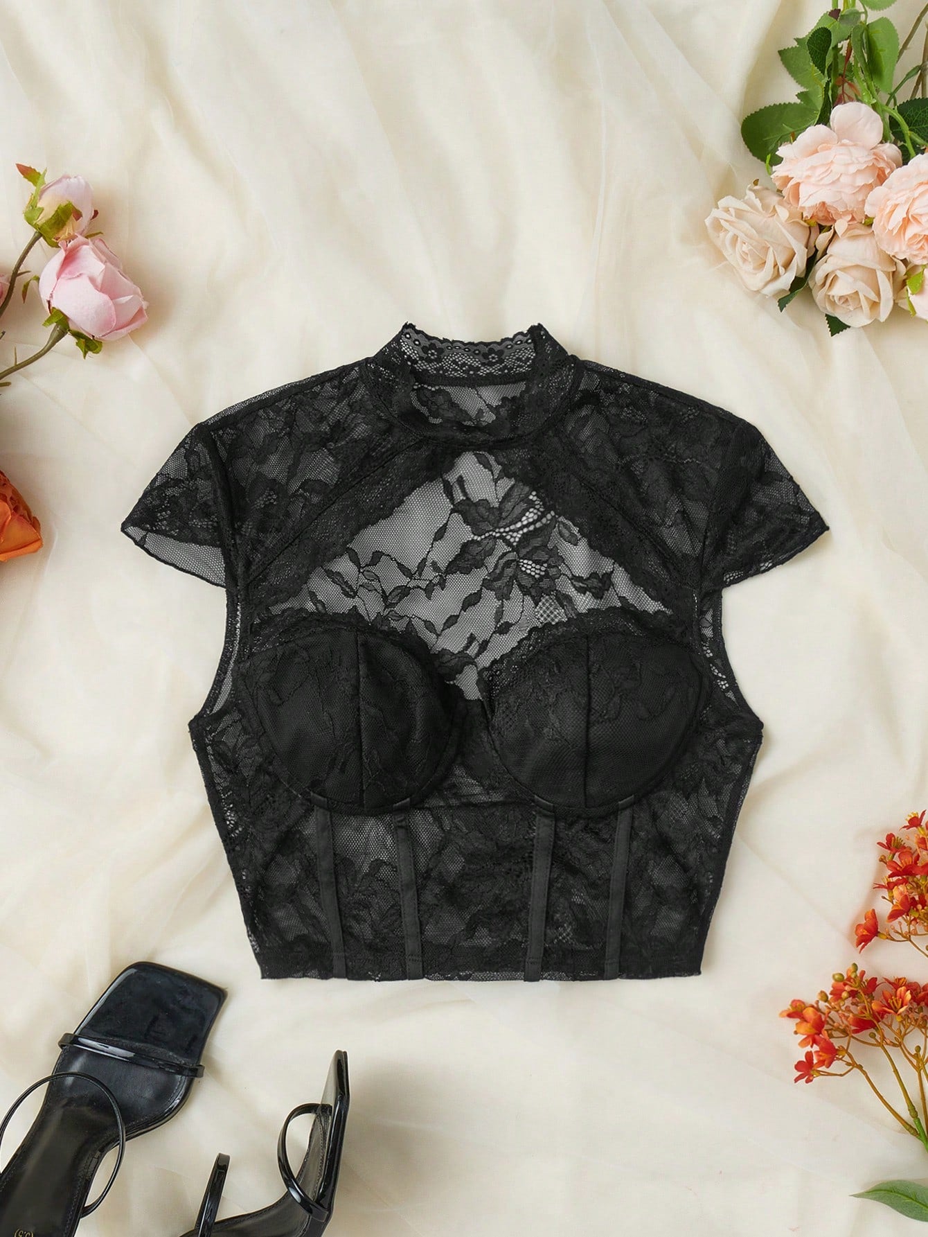 Women Lace Splicing Sexy Half Transparent Turtleneck Close-Fitting Cropped Fashion Top, Going Out Top