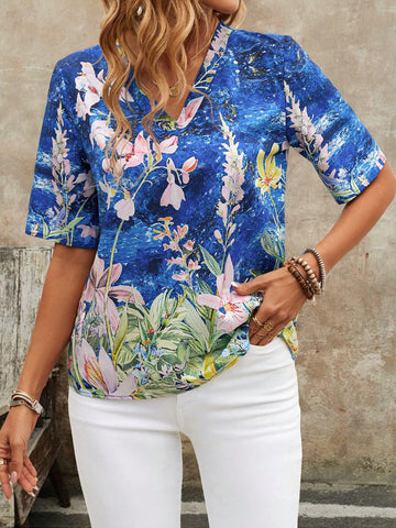 Ladies" Summer Loose V-Neck Short-Sleeved Abstract Floral Pattern Shirt
