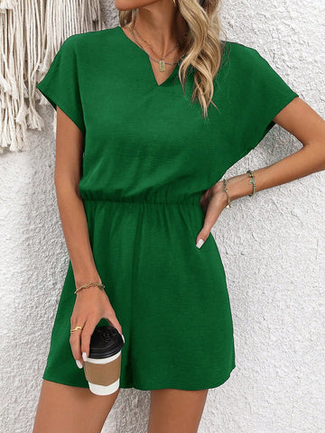 Women's Simple Notched Neck Drawstring Waist Batwing Sleeve Casual Romper For Summer