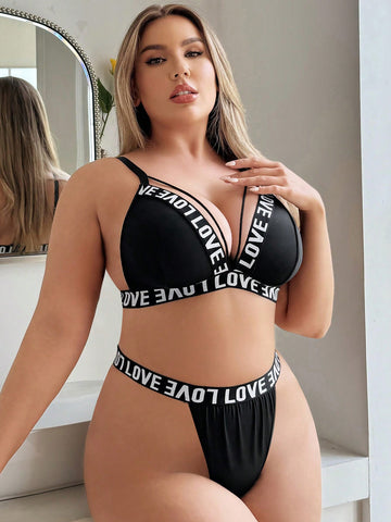 Plus Size 2-Piece Set Of Letter Print Bra With Non-Wired Band