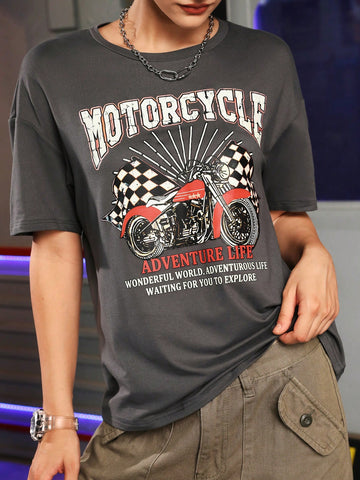 Loose Motorcycle And Slogan Printed Drop Shoulder Casual Summer T-Shirt