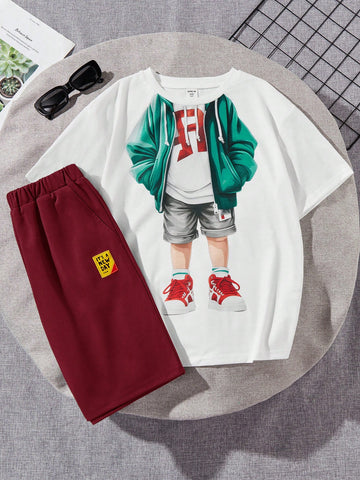 Tween Boy Casual Street Style Printed Round Neck Pullover Short Sleeve T-Shirt And Solid Color Knitted Shorts Set