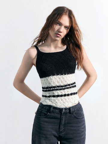 Casual Colorblock Ladies Hollow Out Knitted Top For Summer