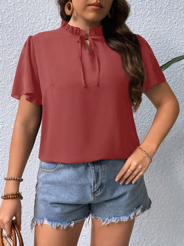 Plus Size Women Solid Color Simple Mushroom Ruffles Detail Daily Shirt