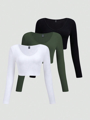 Casual Basic Slim Fit Crop V-Neck Long Sleeve T-Shirt