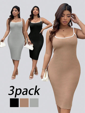 Plus Size Colorblock Ribbed Knit Tank Bodycon Dress With Hip Package