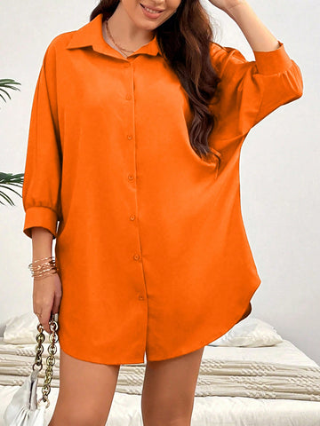Plus Size Women Solid Color Simple Daily Button-Up Shirt