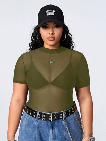 Women Plus Size Summer Solid Color Mesh See-Through Short Sleeve Top With Metallic Decoration