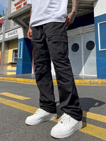 Fashionable And Casual Men Straight Pants With Flap Pockets And Drawstring Waistband, Suitable For Outdoor Activities