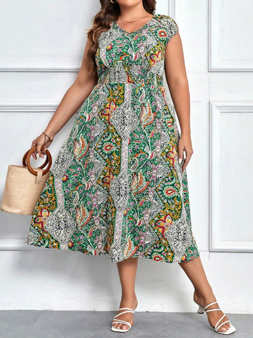 Plus Size V-Neck Waist Tie Retro Floral Print Casual Holiday Spring/Summer Dress