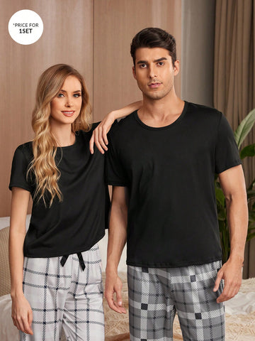 Men Solid Color Round Neck Short Sleeve T-Shirt And Plaid Pants Two-Piece Homewear Set For Spring/Summer