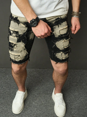 Men Fashionable Street Style Denim Shorts With Frayed Edges And Color-Block Design