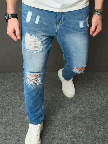 Men Fashion Solid Color Distressed Casual Jeans