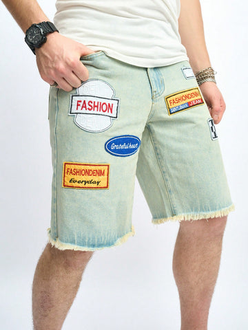 Men Water Washed Embroidery Detail Slanted Pocket Frayed Straight Leg Denim Shorts For Fashionable Street Style In Summer