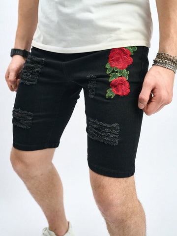 Men Fashionable Flower Printed Distressed Slim Fit Denim Shorts