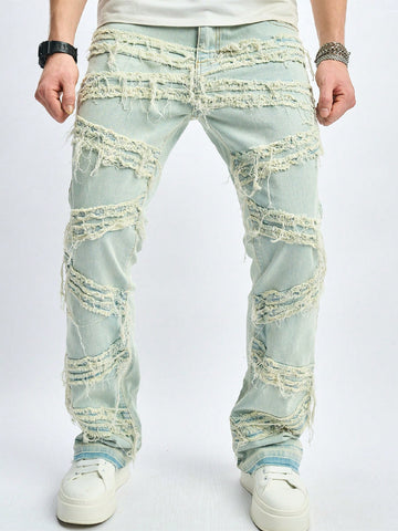 Men's Straight Leg Casual Jeans With Patchwork And Frayed Hem