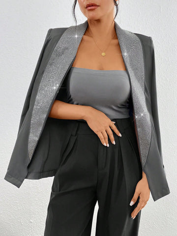 Shiny Diamond-Decorated Patchwork Lady Long-Sleeved Shawl Collar Blazer Jacket