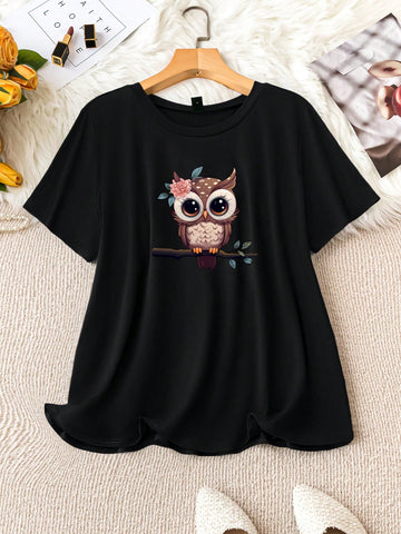 Plus Size Short Sleeve T-Shirt With Owl Print, Suitable For Casual And Daily Wear In Spring And Summer