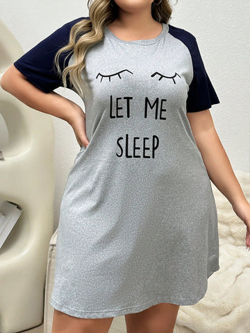 Plus Size Raglan Short Sleeves T-Shirt Sleepwear With Slogan Print And Patchwork Design
