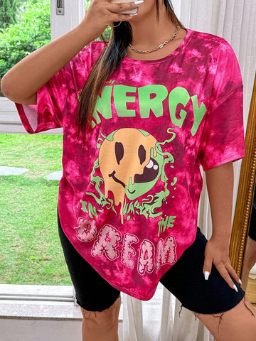 Plus Size Cartoon And Letter Print Tie Dye Round Neck Short Sleeve Casual T-Shirt For Summer