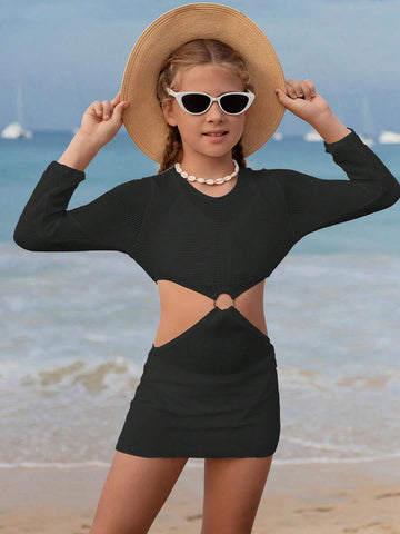 Basic Hollow Out Buttoned Beach Cover-Up Dress For Tween Girl