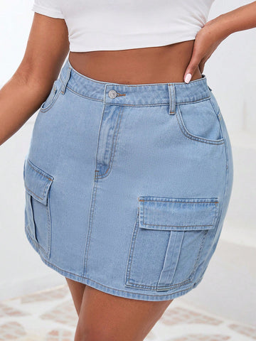 Plus Flap Pocket Denim Skirt