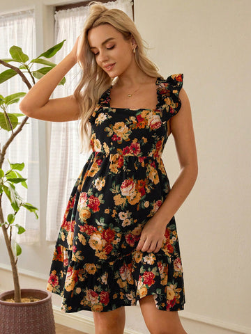 Maternity Casual Short Dress With Ruffle Hem And Floral Print
