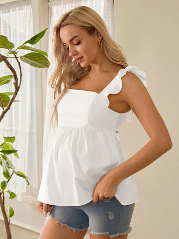 Pregnant Women Casual Sleeveless Blouse With Ruffle Trim, Decorative Edging And Square Neckline For Summer
