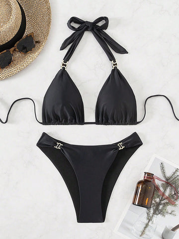 Solid Color Swimsuit With Metal Decoration, Detachable Top And Bottom For Beach Vacation, 2pcs/Set