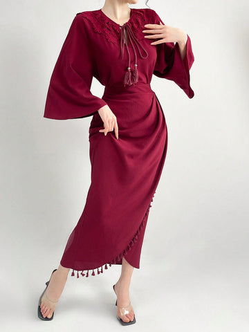 Solid Color Lace Spliced Tie Neck Top And Skirt Set