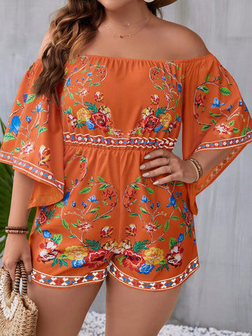Plus Size Women Summer Holiday Style Floral Print Off-The-Shoulder Flared Sleeve Loose Fit Romper