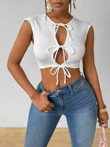 Front Lace-Up Hollow Out Round Neck Sleeveless Women Top