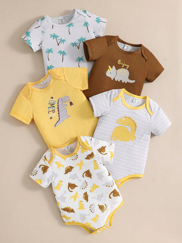 Set Of 5 Baby Boys' Dinosaur Printed Short Sleeve Rompers For Summer