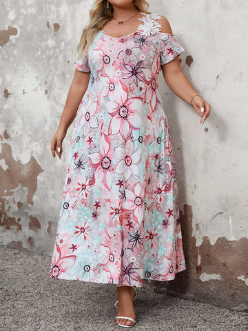 Plus Size Elegant Floral Print Spliced Water-Soluble Lace Loose Off-Shoulder Neckline Dress For Summer