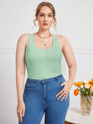 Plus Size Women Summer Solid Color Slim Fit Basic Knitted Tank Top With Round Neckline