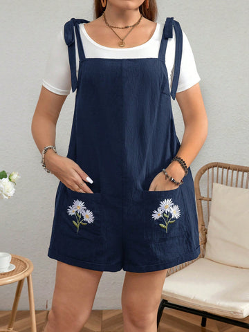 Plus Size Women Daisy Embroidery Bib Overalls With Double Pockets Casual Romper