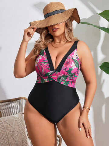 Plus Size Floral Print  Swimsuit With Twisted Knot Design For Summer Holiday
