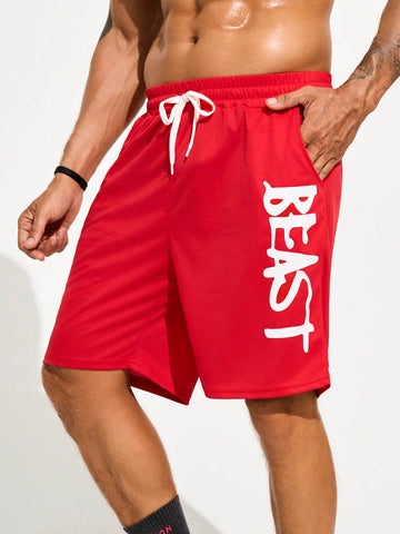 Men Spring And Summer Casual Letter Printed Drawstring Waist Sports Shorts