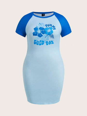 Plus Size Women's Casual Contrast Color Flower & Letter Printed Slim Fit Bodycon Dress