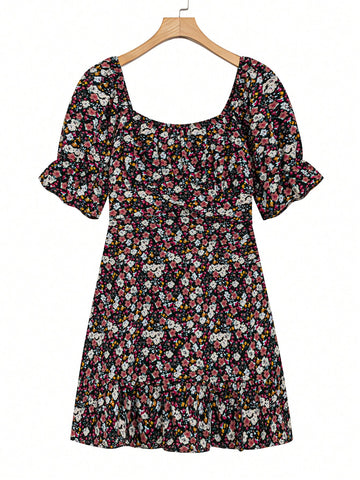 Plus Size Square Neckline Floral Print Dress With Ruffled Hem