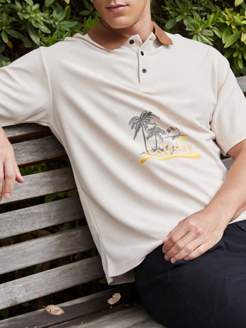 Men's Casual Coconut Tree Print Patched Collar Polo Shirt For Summer